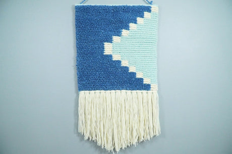 Hand Woven Wool Tapestry White and Blue Bohemian Modern Wall Hanging | WH8