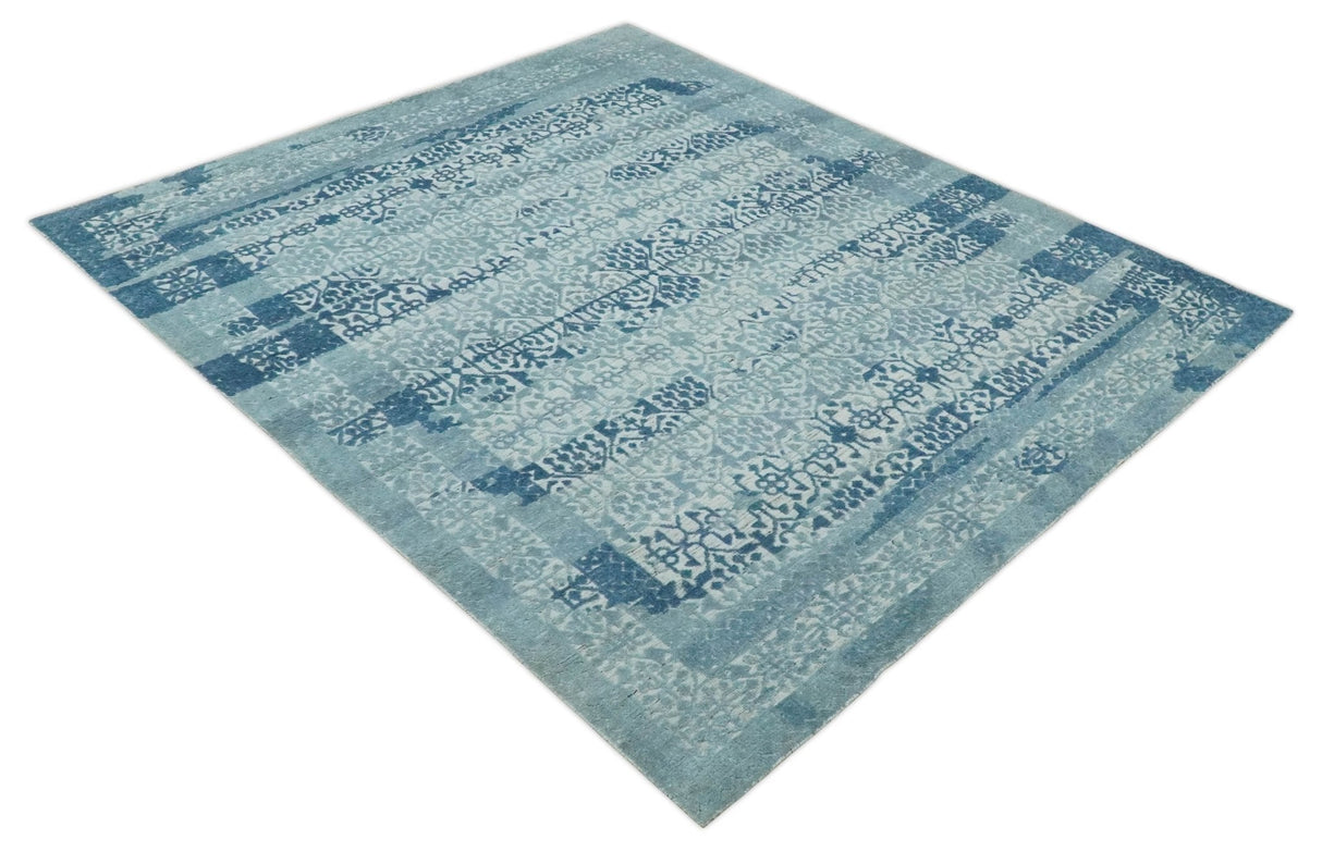 Hand carved Design Blue, Gray and silver Traditional Hand knotted 8x10 wool Area Rug