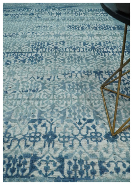 Hand carved Design Blue, Gray and silver Traditional Hand knotted 8x10 wool Area Rug