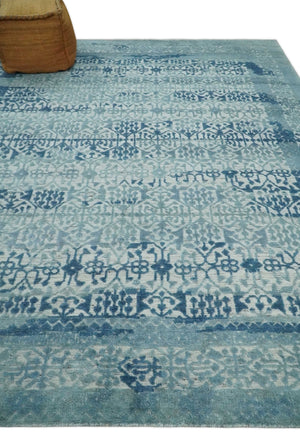 Hand carved Design Blue, Gray and silver Traditional Hand knotted 8x10 wool Area Rug