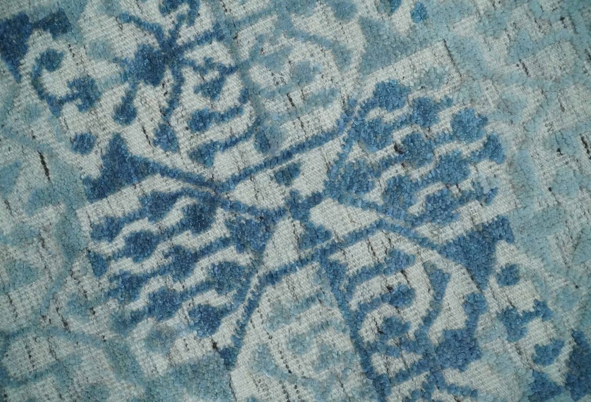 Hand carved Design Blue, Gray and silver Traditional Hand knotted 8x10 wool Area Rug