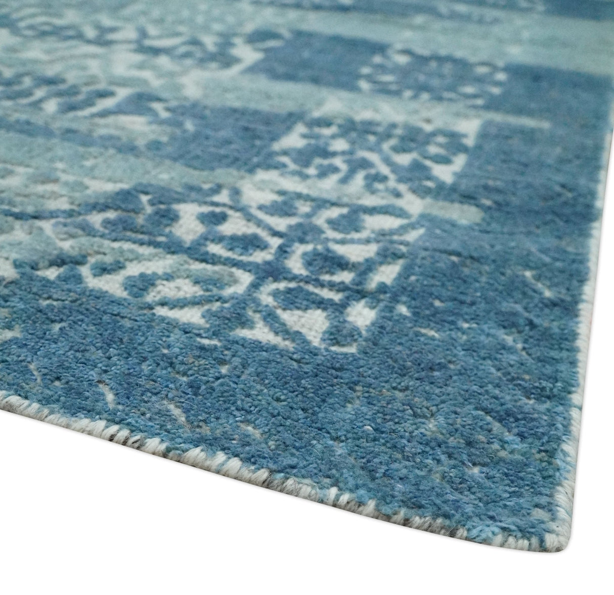 Hand carved Design Blue, Gray and silver Traditional Hand knotted 8x10 wool Area Rug