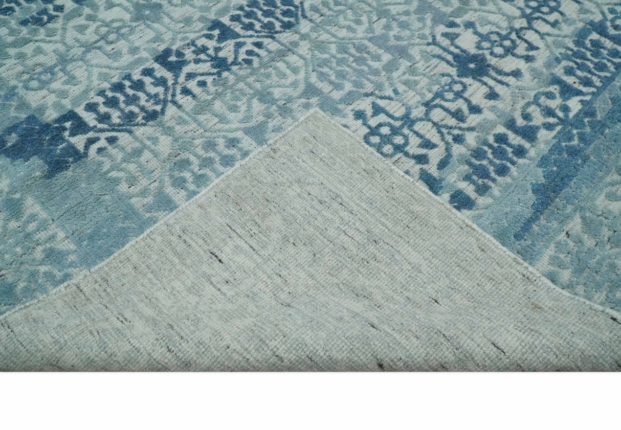 Hand carved Design Blue, Gray and silver Traditional Hand knotted 8x10 wool Area Rug