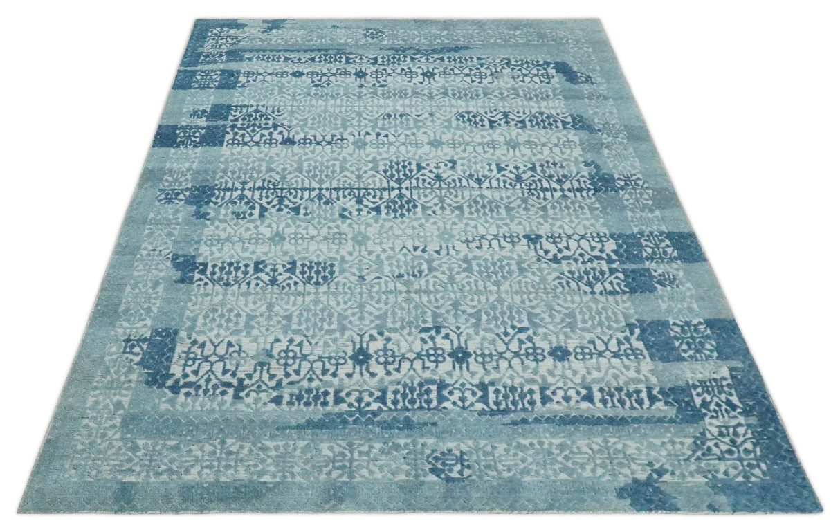 Hand carved Design Blue, Gray and silver Traditional Hand knotted 8x10 wool Area Rug