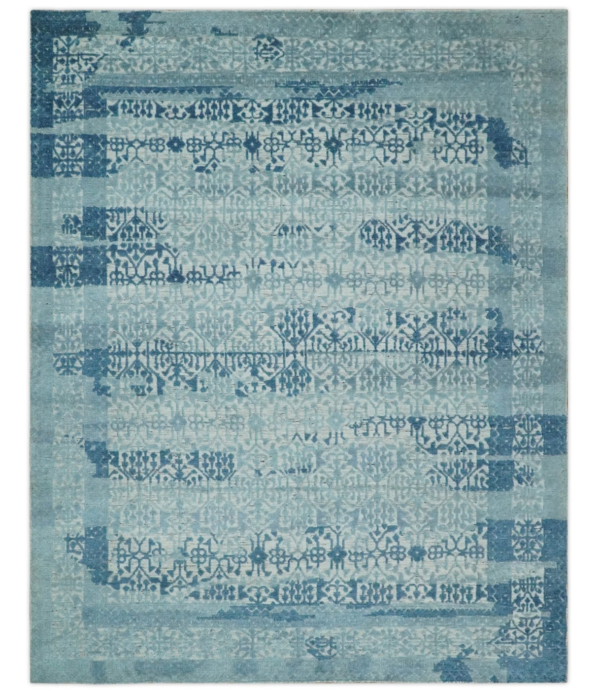 Hand carved Design Blue, Gray and silver Traditional Hand knotted 8x10 wool Area Rug