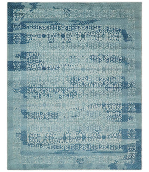 Hand carved Design Blue, Gray and silver Traditional Hand knotted 8x10 wool Area Rug