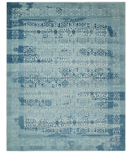 Hand carved Design Blue, Gray and silver Traditional Hand knotted 8x10 wool Area Rug