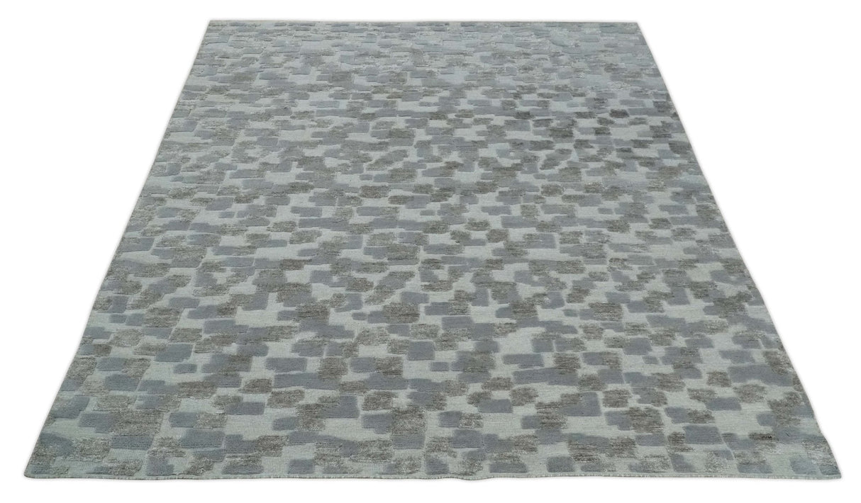 Hand carved Silver, Gray and Brown Traditional Geometrical Pattern Hand Knotted 8x10 and 9x12 Wool and Silk Area Rug