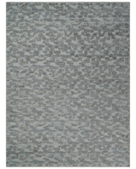 Hand carved Silver, Gray and Brown Traditional Geometrical Pattern Hand Knotted 8x10 and 9x12 Wool and Silk Area Rug