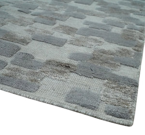 Hand carved Silver, Gray and Brown Traditional Geometrical Pattern Hand Knotted 8x10 and 9x12 Wool and Silk Area Rug