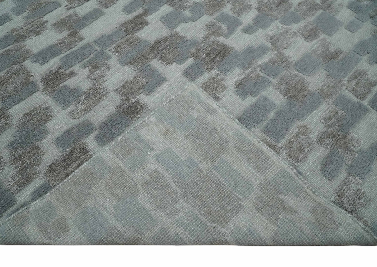 Hand carved Silver, Gray and Brown Traditional Geometrical Pattern Hand Knotted 8x10 and 9x12 Wool and Silk Area Rug