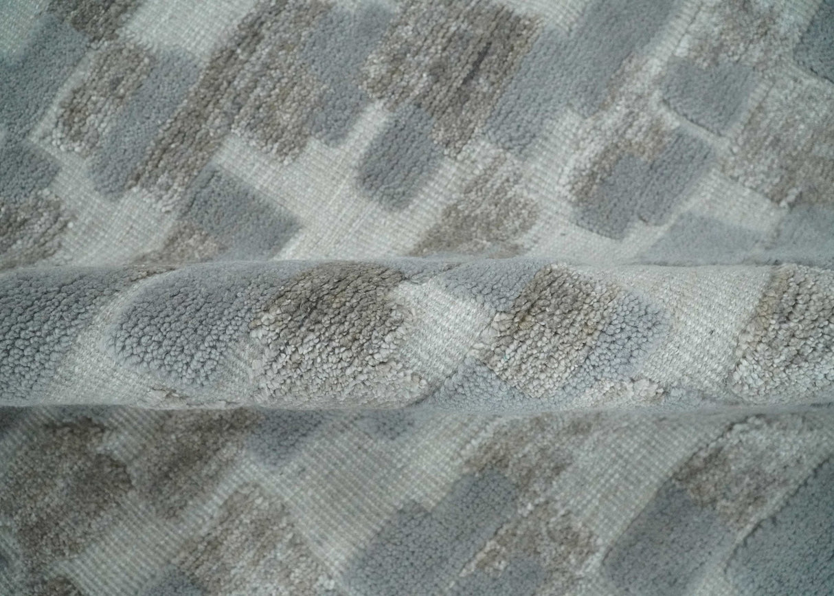 Hand carved Silver, Gray and Brown Traditional Geometrical Pattern Hand Knotted 8x10 and 9x12 Wool and Silk Area Rug