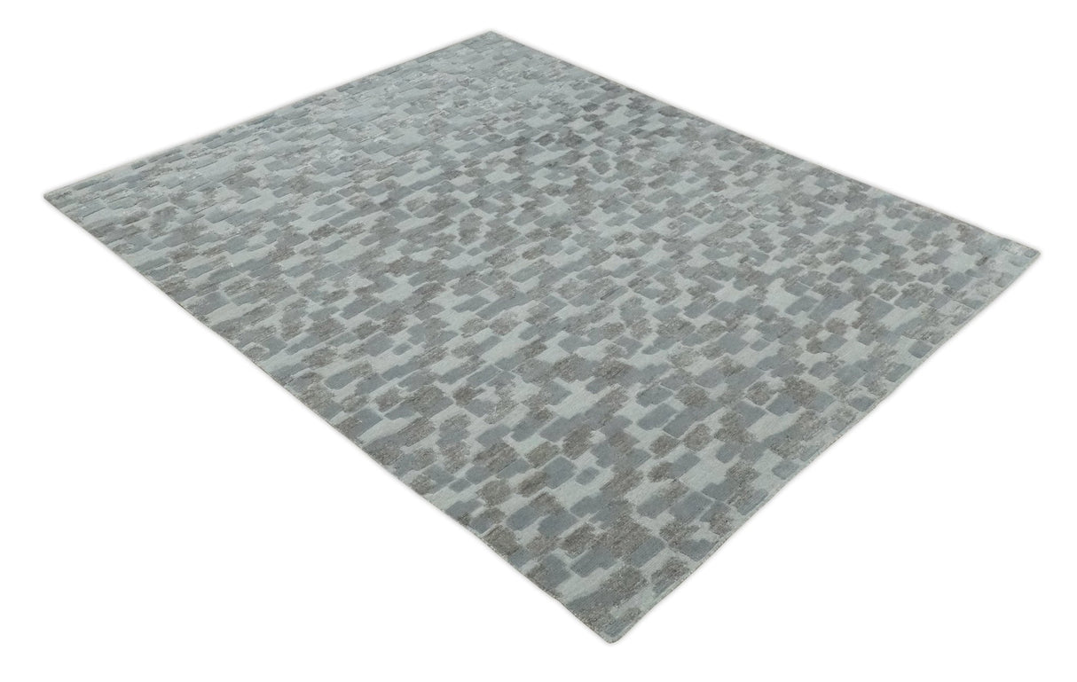 Hand carved Silver, Gray and Brown Traditional Geometrical Pattern Hand Knotted 8x10 and 9x12 Wool and Silk Area Rug
