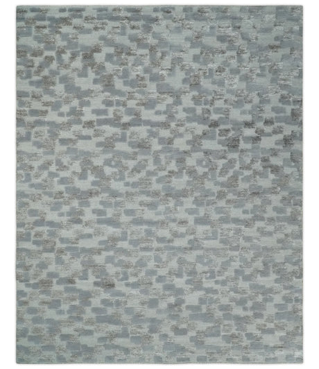 Hand carved Silver, Gray and Brown Traditional Geometrical Pattern Hand Knotted 8x10 and 9x12 Wool and Silk Area Rug