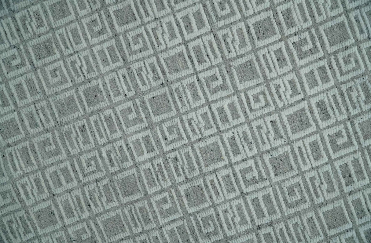 Hand carved Silver and Charcoal Traditional Geometrical Pattern Hand Knotted 8.2x10.6 Wool Area Rug