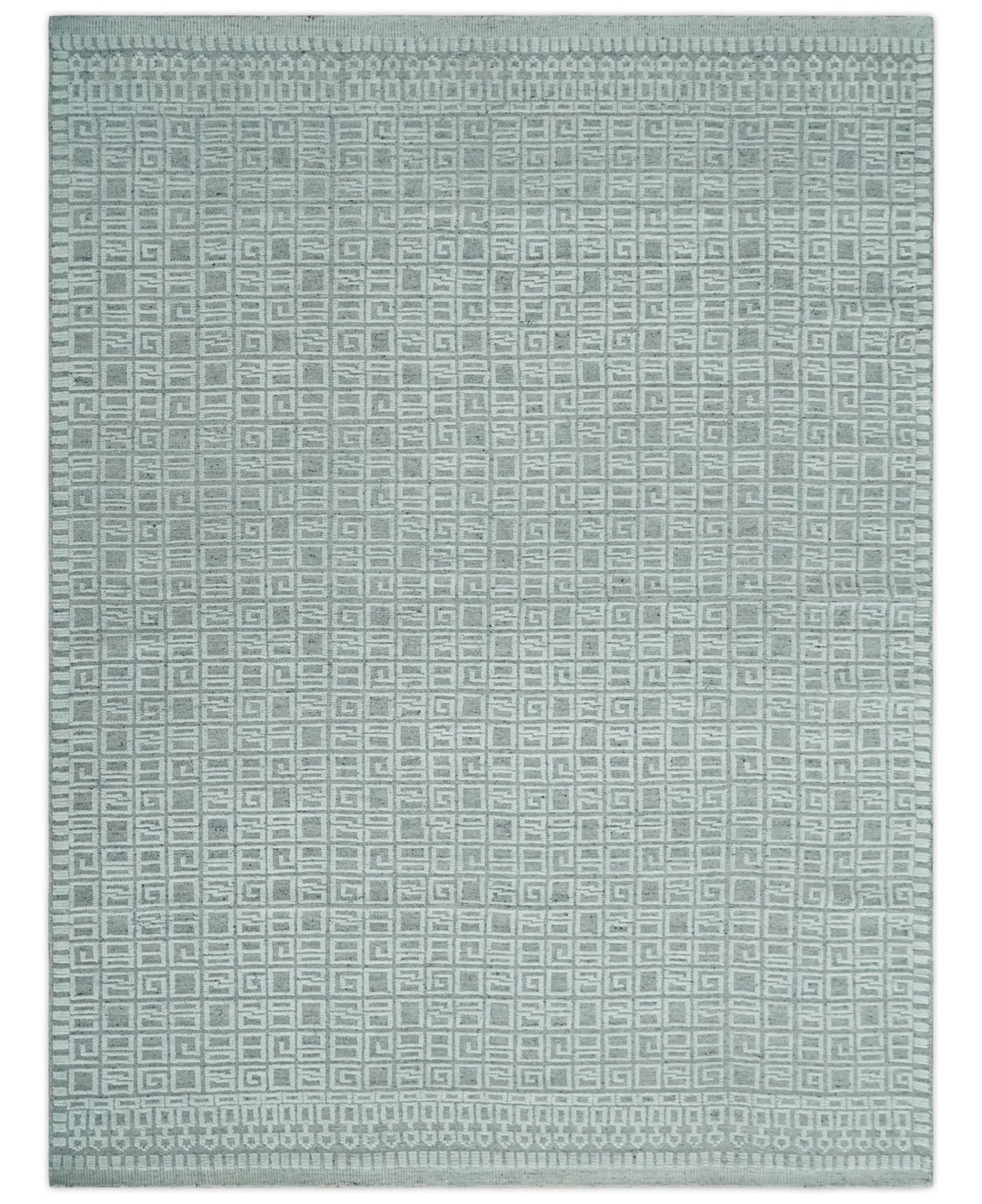 Hand carved Silver and Charcoal Traditional Geometrical Pattern Hand Knotted 8.2x10.6 Wool Area Rug