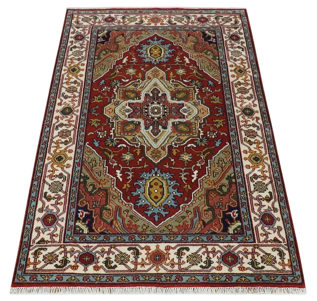 Hand knotted 5x8 Mustard, Brown and Ivory Traditional Heriz Serapi wool area rug