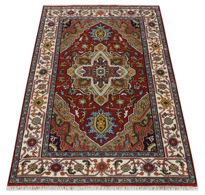 Hand knotted 5x8 Mustard, Brown and Ivory Traditional Heriz Serapi wool area rug