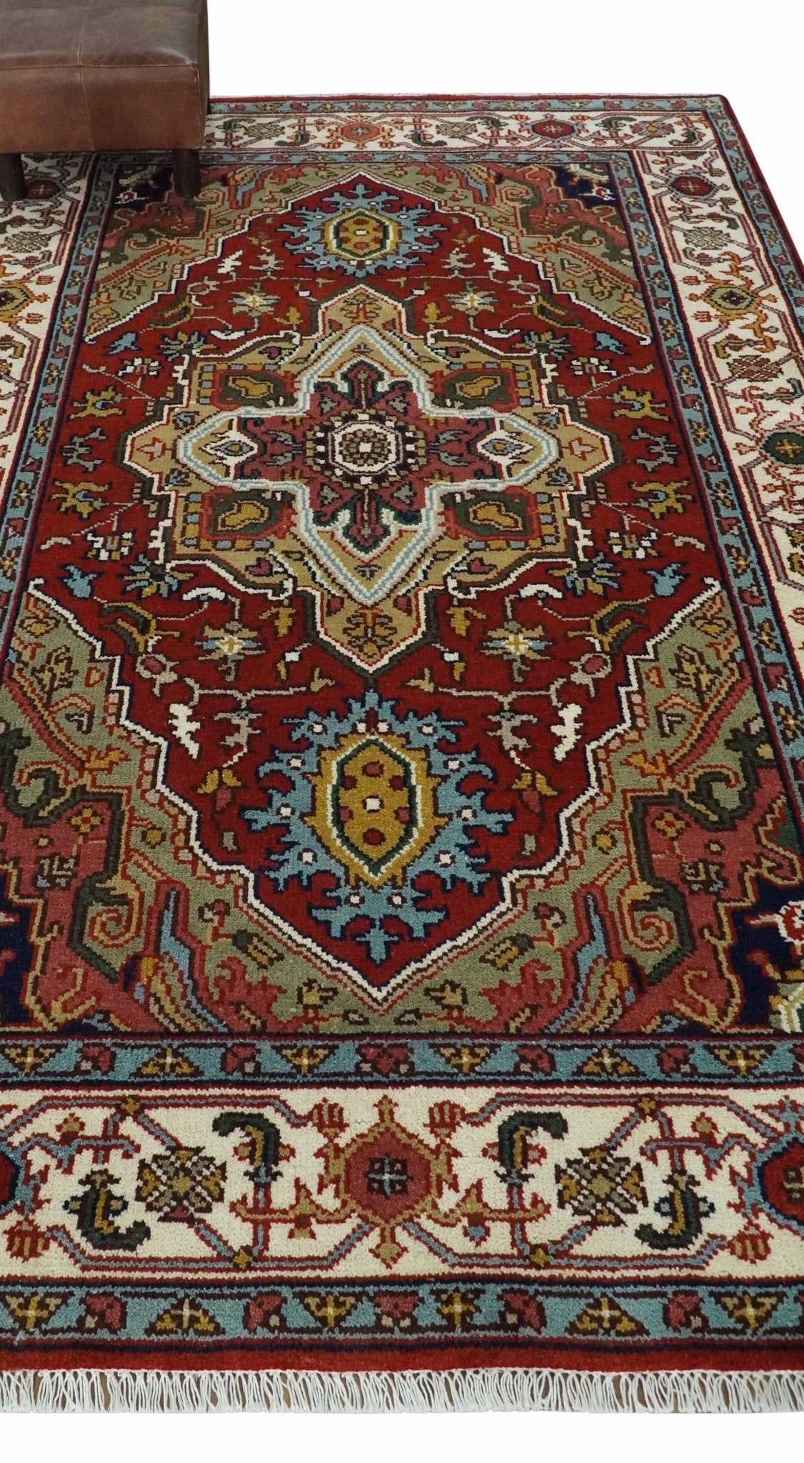 Hand knotted 5x8 Mustard, Brown and Ivory Traditional Heriz Serapi wool area rug