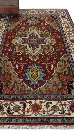 Hand knotted 5x8 Mustard, Brown and Ivory Traditional Heriz Serapi wool area rug