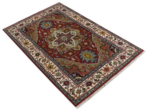Hand knotted 5x8 Mustard, Brown and Ivory Traditional Heriz Serapi wool area rug