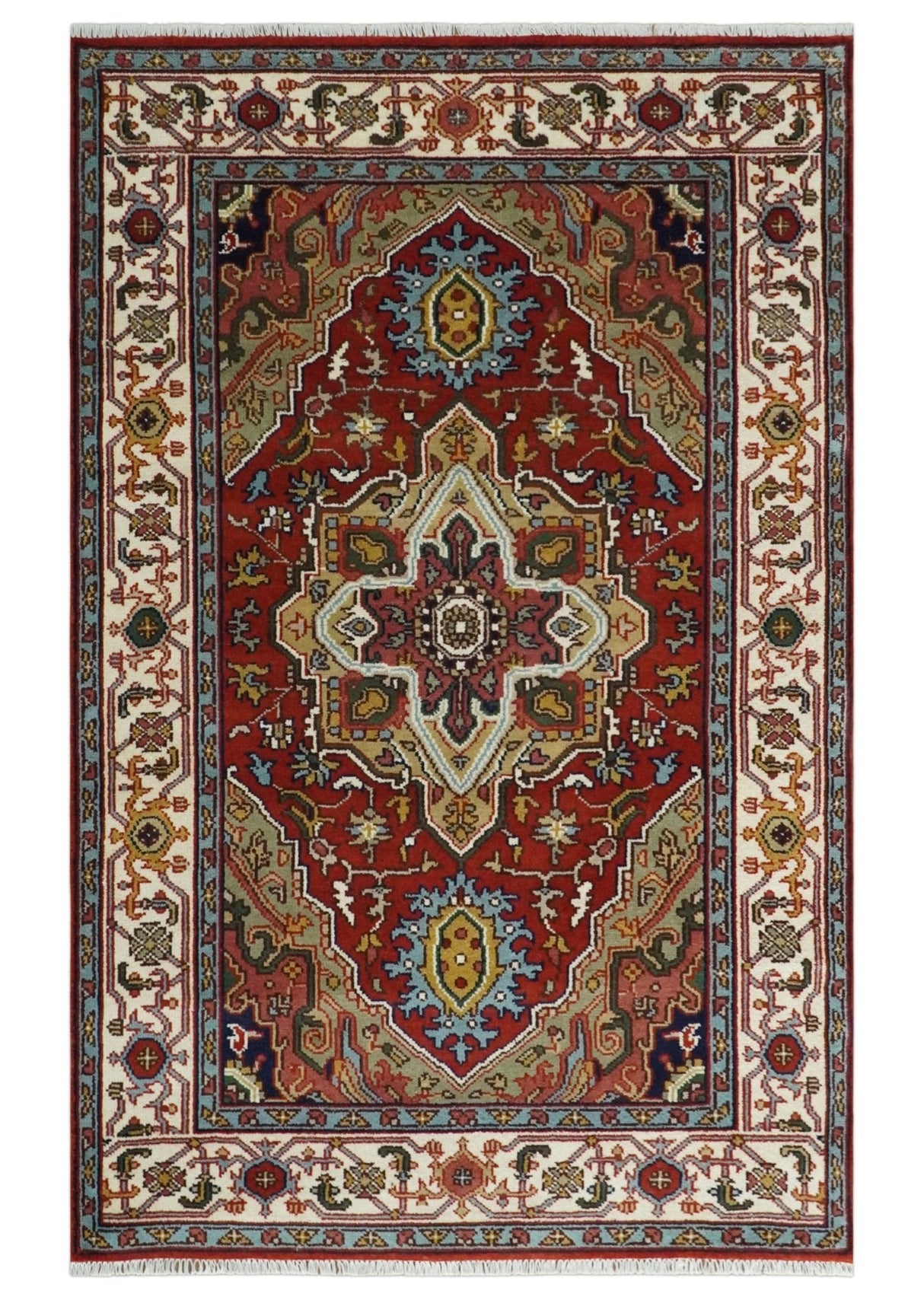 Hand knotted 5x8 Mustard, Brown and Ivory Traditional Heriz Serapi wool area rug