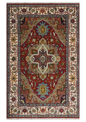 Hand knotted 5x8 Mustard, Brown and Ivory Traditional Heriz Serapi wool area rug
