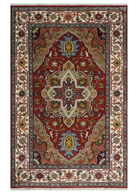 Hand knotted 5x8 Mustard, Brown and Ivory Traditional Heriz Serapi wool area rug