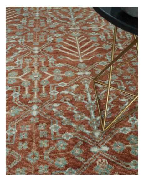Hand knotted 9.4x12 Rust and Aqua Floral Tree wool Area Rug