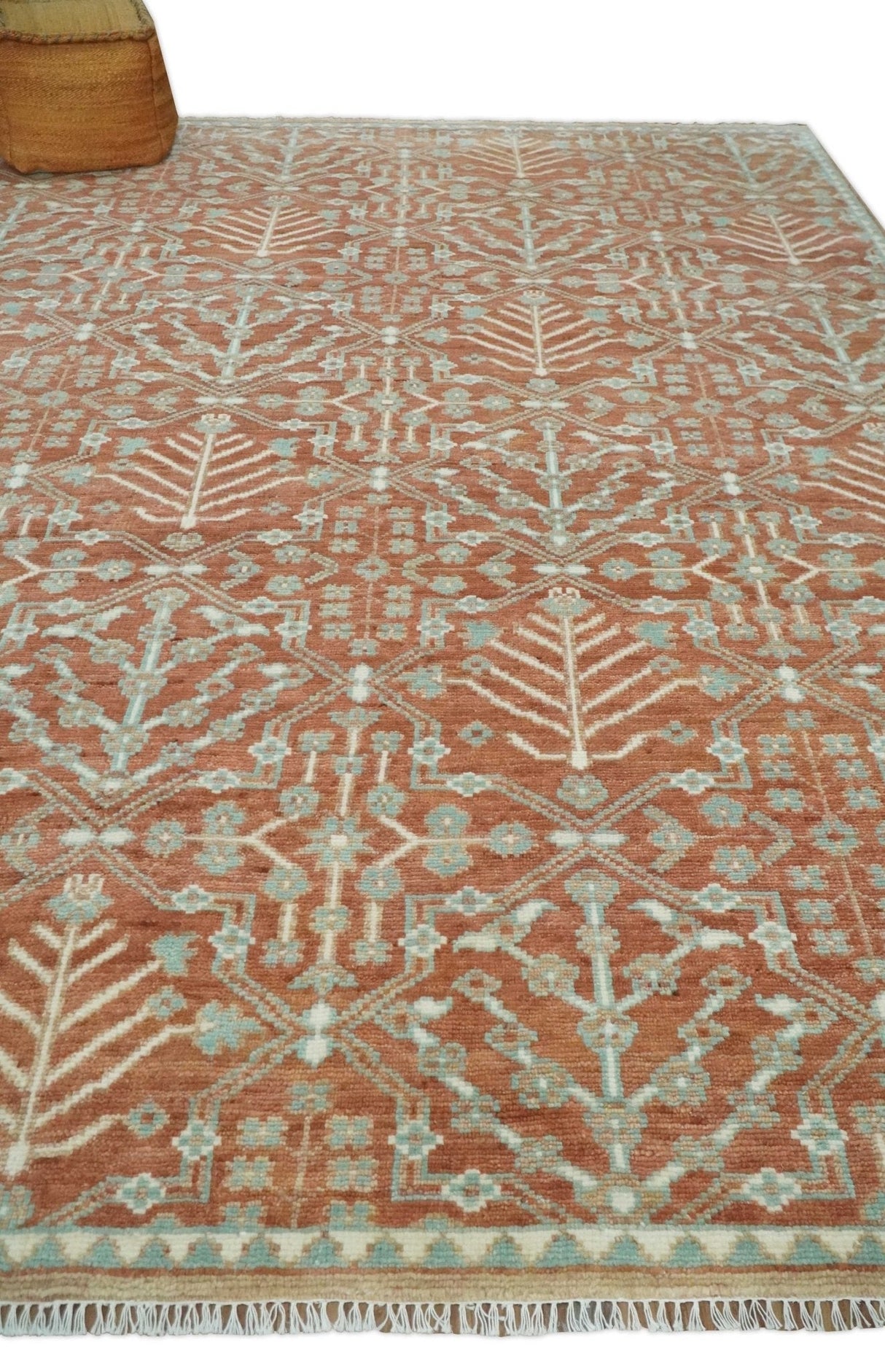Hand knotted 9.4x12 Rust and Aqua Floral Tree wool Area Rug