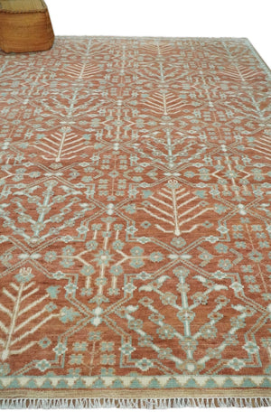 Hand knotted 9.4x12 Rust and Aqua Floral Tree wool Area Rug