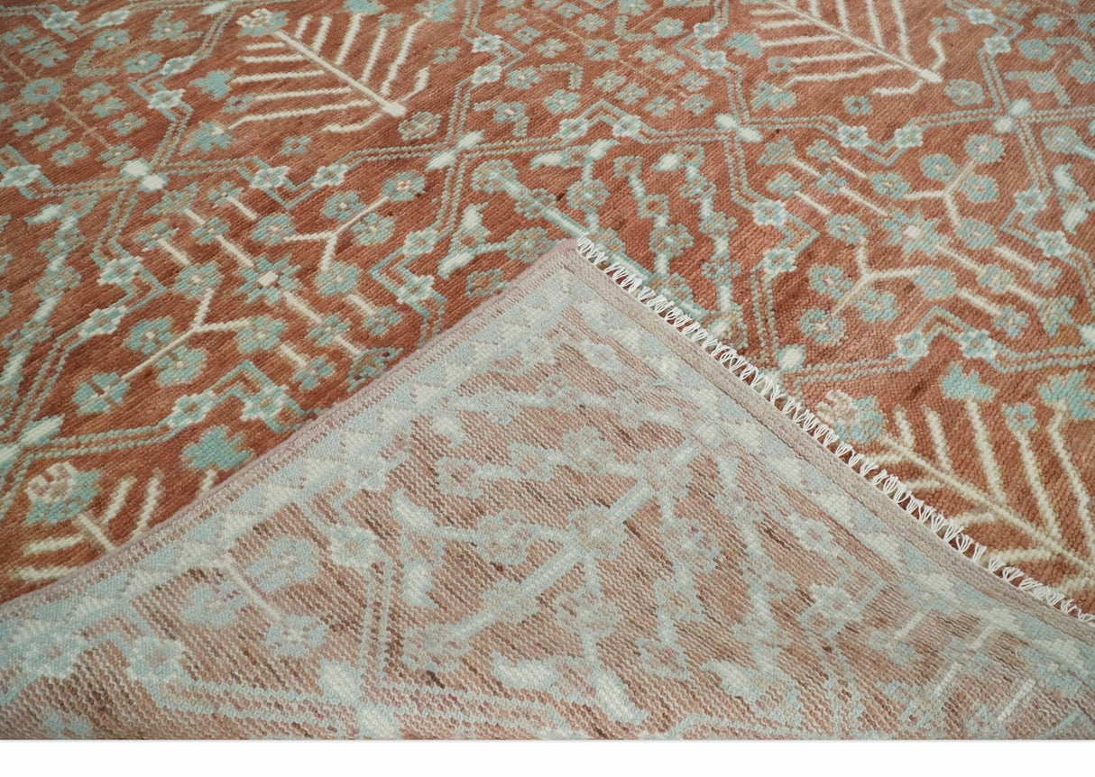 Hand knotted 9.4x12 Rust and Aqua Floral Tree wool Area Rug