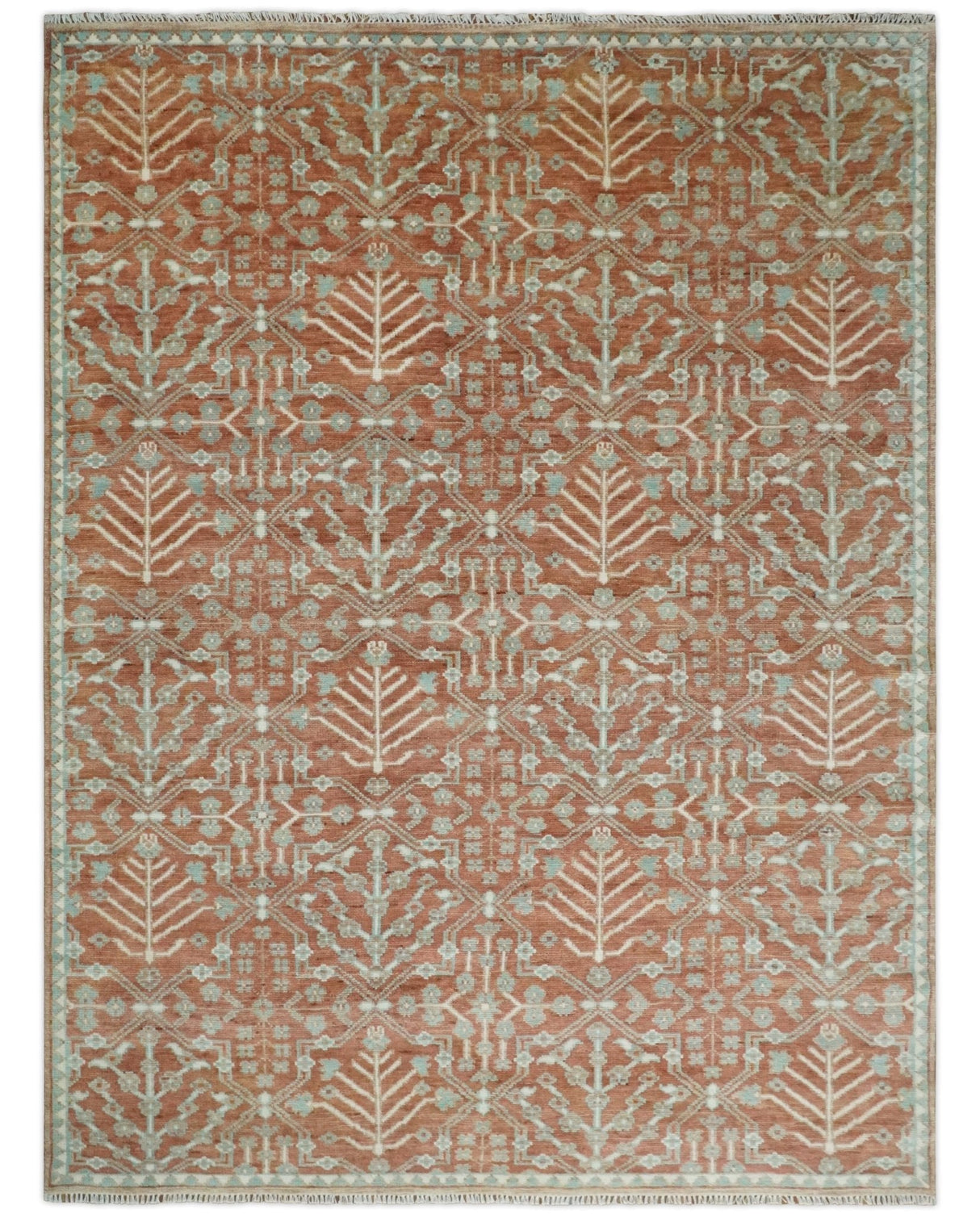 Hand knotted 9.4x12 Rust and Aqua Floral Tree wool Area Rug