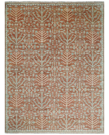Hand knotted 9.4x12 Rust and Aqua Floral Tree wool Area Rug