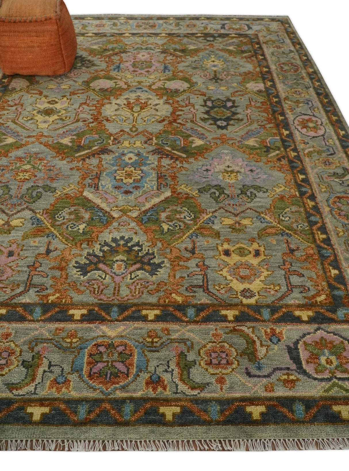 Hand knotted All Wool Silver, Rust and Gray Traditional Antique Moss Oushak Multi Size wool Area Rug