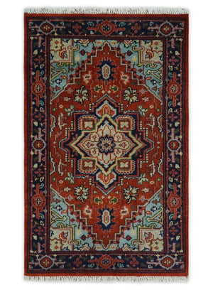 Hand knotted Brown, Aqua and Blue Traditional Heriz Serapi wool area rug
