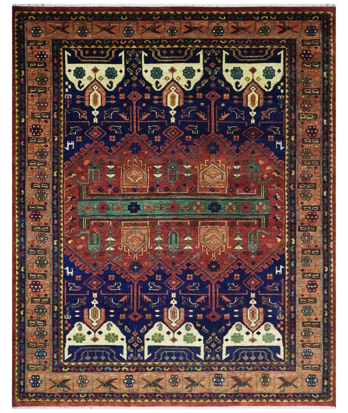 Hand knotted Traditional Multi Sizes Antique Style Vintage Finish Rust and Blue Area Rug