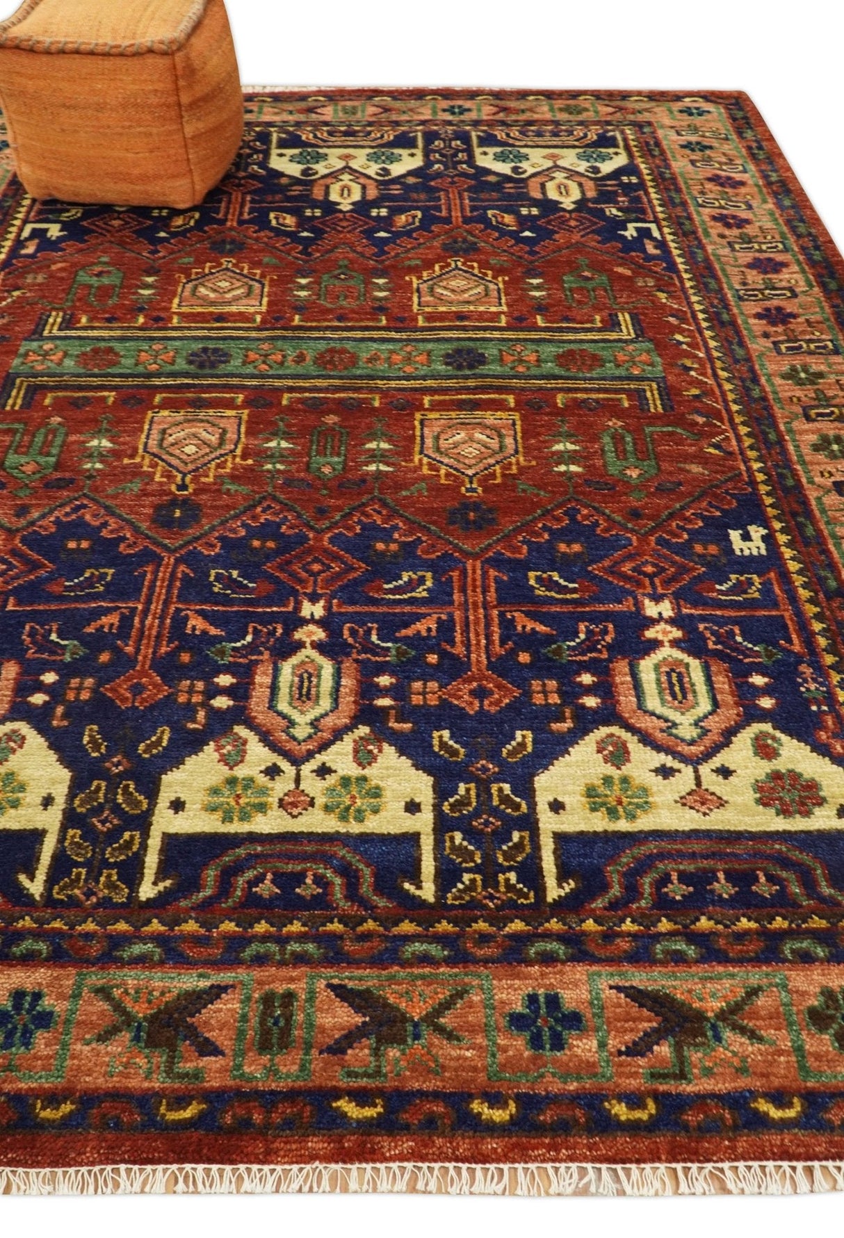 Hand knotted Traditional Multi Sizes Antique Style Vintage Finish Rust and Blue Area Rug