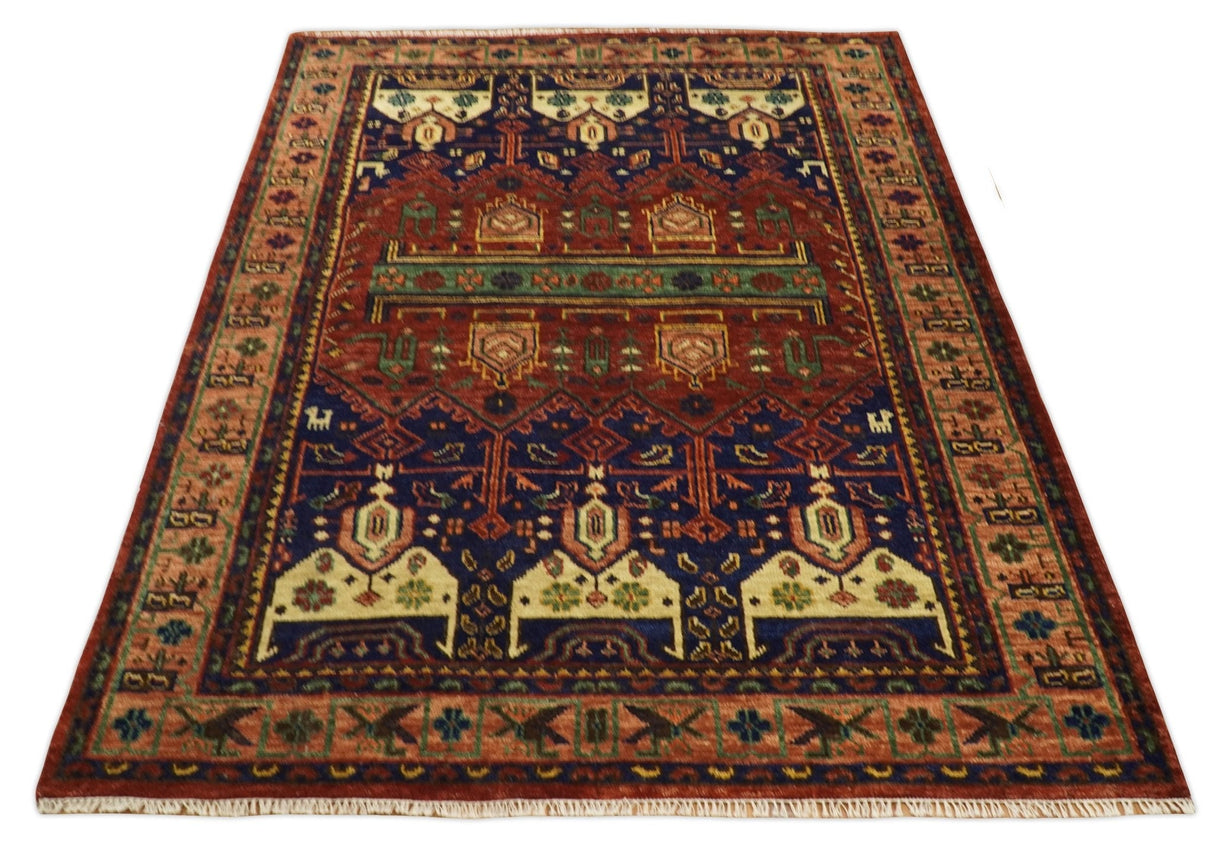 Hand knotted Traditional Multi Sizes Antique Style Vintage Finish Rust and Blue Area Rug