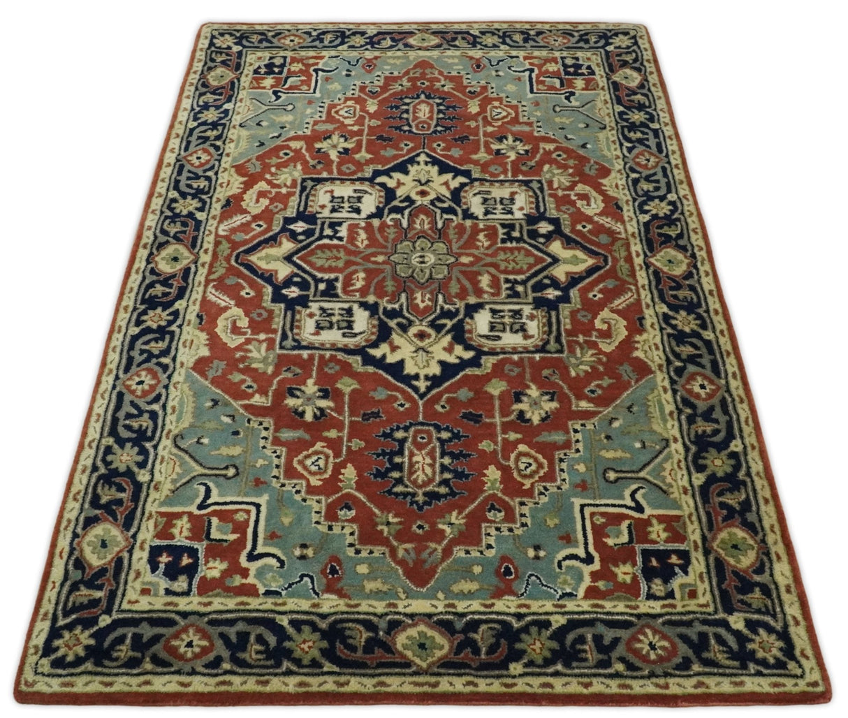 Handmade 5x8 Rust and Blue made with fine wool Area Rug | TRDCP11658