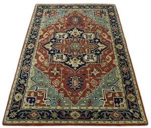 Handmade 5x8 Rust and Blue made with fine wool Area Rug | TRDCP11658
