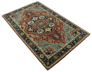 Handmade 5x8 Rust and Blue made with fine wool Area Rug | TRDCP11658