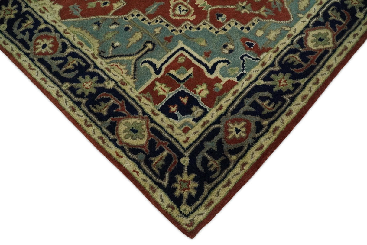 Handmade 5x8 Rust and Blue made with fine wool Area Rug | TRDCP11658