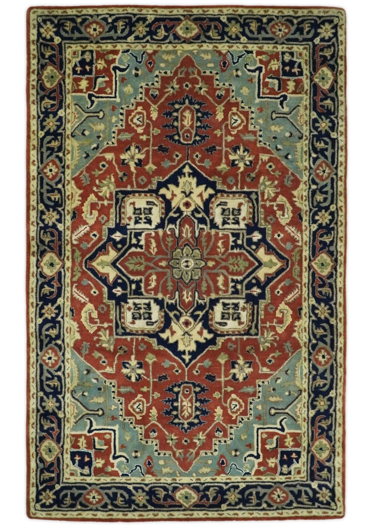 Handmade 5x8 Rust and Blue made with fine wool Area Rug | TRDCP11658