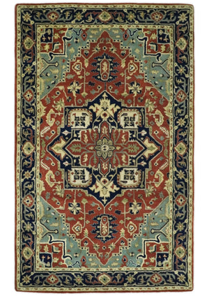 Handmade 5x8 Rust and Blue made with fine wool Area Rug | TRDCP11658