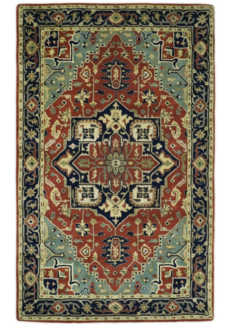 Handmade 5x8 Rust and Blue made with fine wool Area Rug | TRDCP11658