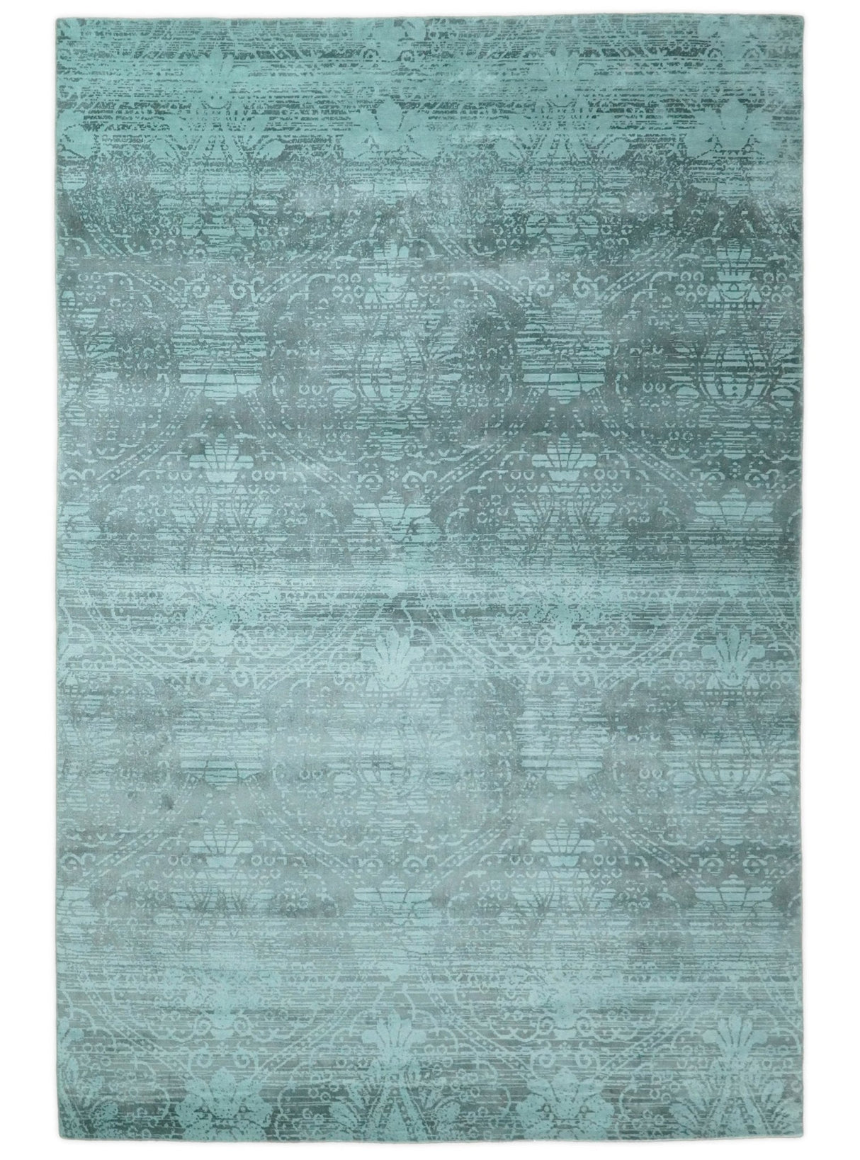 Handmade 6.8x9.10 Floral Blue Turquois Blended Wool and Bamboo Silk Area Rug