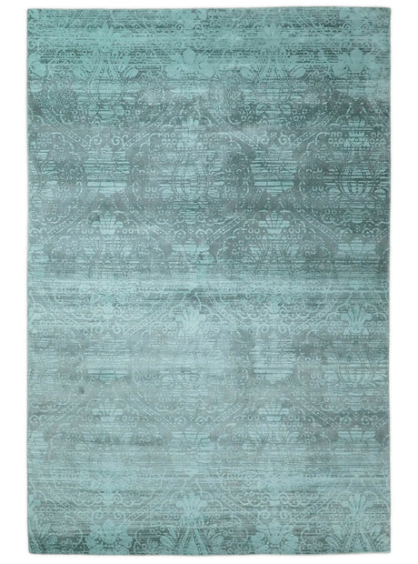 Handmade 6.8x9.10 Floral Blue Turquois Blended Wool and Bamboo Silk Area Rug