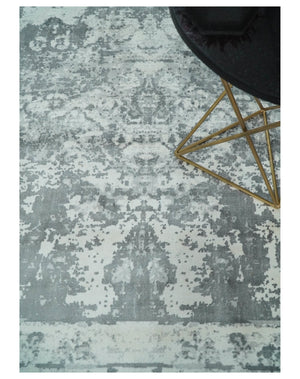 Handmade 7.10x9.9 Abstract Ivory and Gray Blended Wool and Bamboo Silk Area Rug