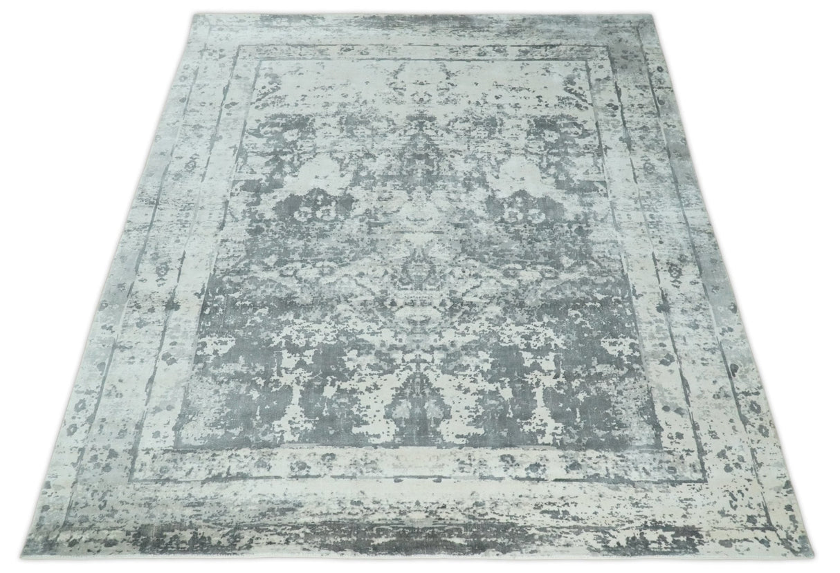 Handmade 7.10x9.9 Abstract Ivory and Gray Blended Wool and Bamboo Silk Area Rug